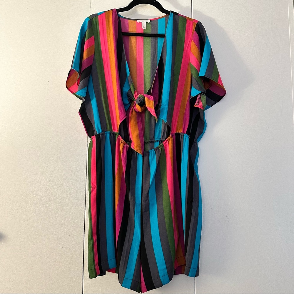 Multicolor stripes front tie romper XL